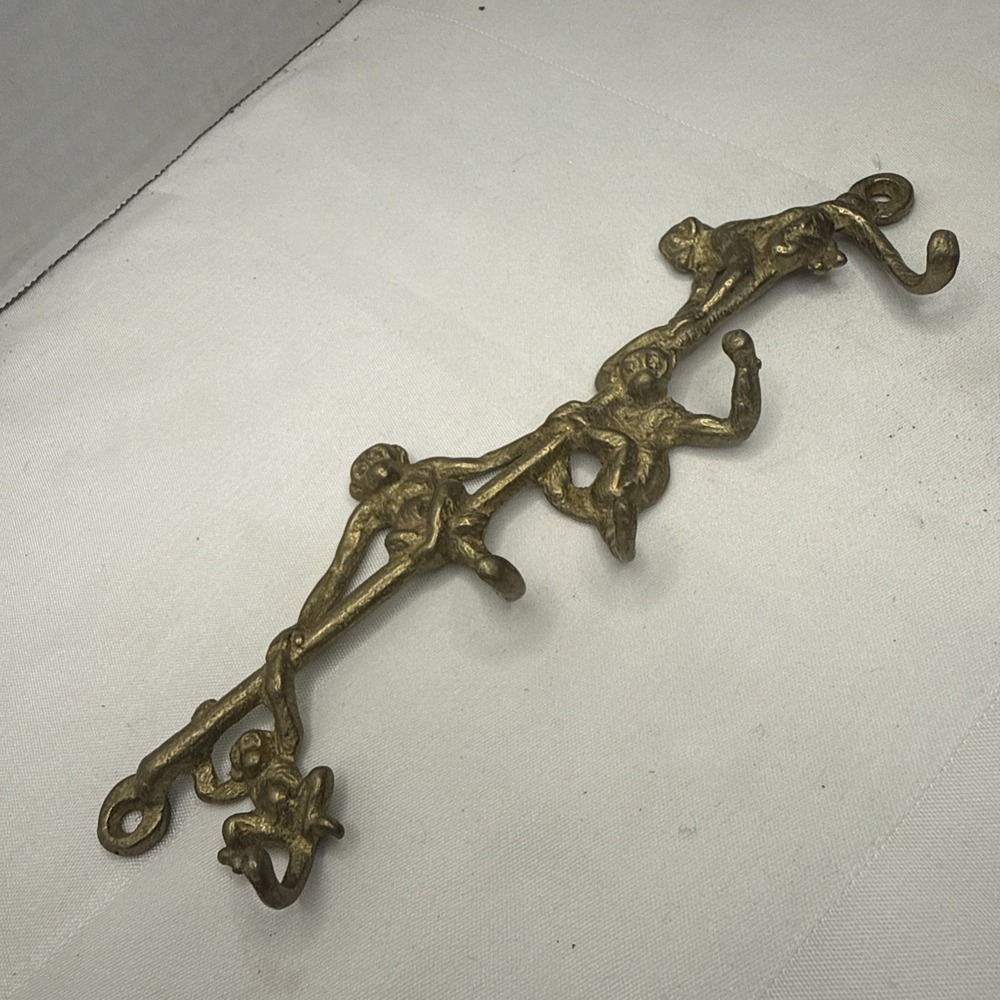 Vintage MCM Solid Brass Monkey Branch Wall Hook Rack Jungle Key Holder Regency
